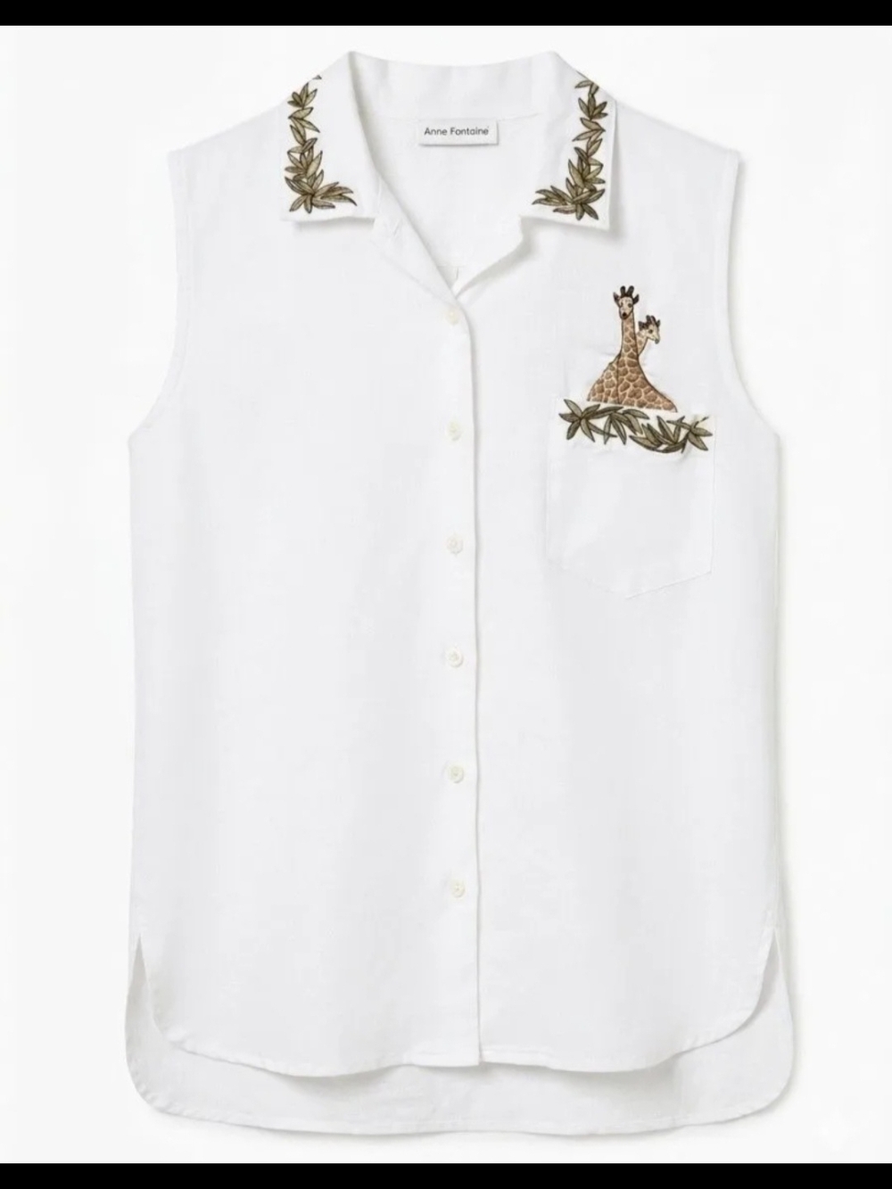 Anne Fontaine Vintage Giraffe Embroidered Ramie Cotton Sleeveless Blouse - Med